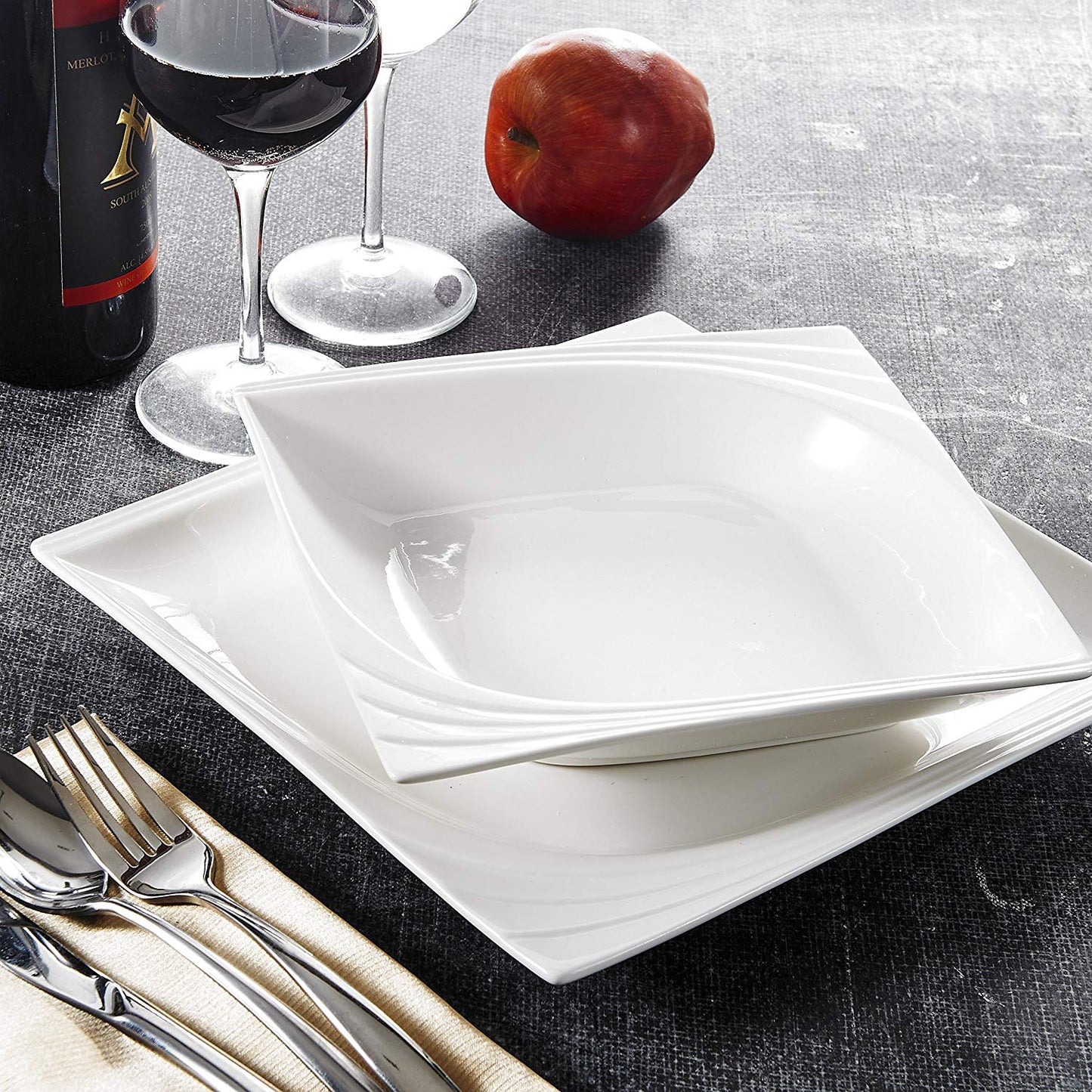 Monica 12-Piece White Porcelain China Ceramic Dinner Combi-Set with 6-Piece Soup Plates&Dinner Plates Service Set for 6 - Nordic Side - 12, Ceramic, China, CombiSet, Dinner, for, MALACASA, Mo