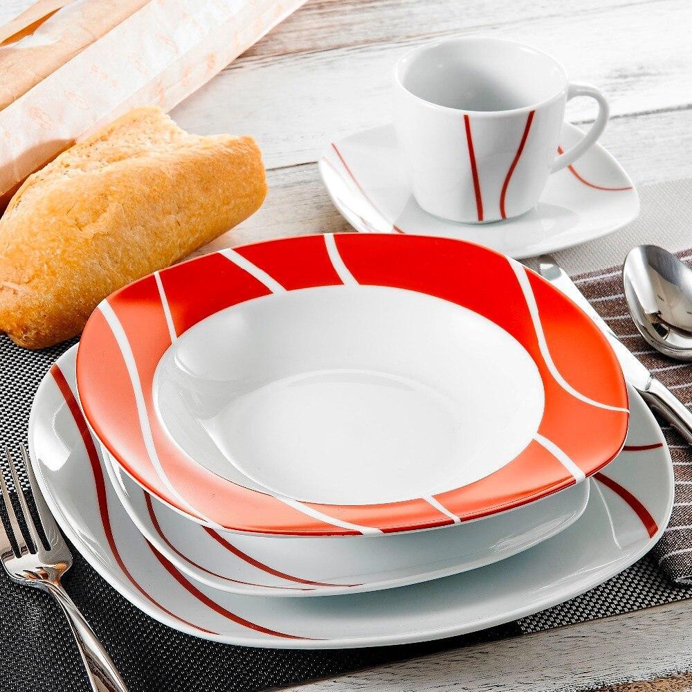 Series Felisa 30 Piece Red Stripes Ivory White Porcelain Dinner Set with 6 Piece Cups Saucers Dessert Soup Dinner Plate (Red) - Nordic Side - 30, Cups, Dessert, Dinner, Felisa, Ivory, MALACAS