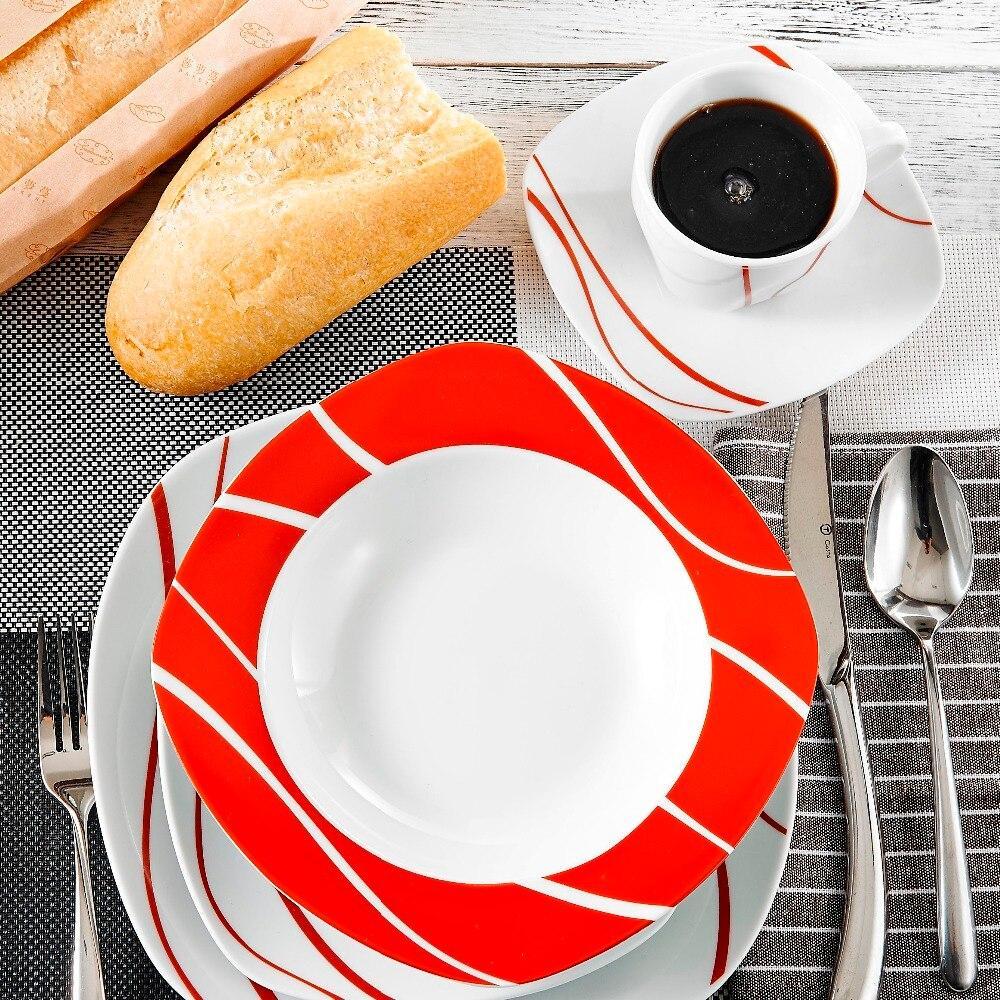 Series Felisa 30 Piece Red Stripes Ivory White Porcelain Dinner Set with 6 Piece Cups Saucers Dessert Soup Dinner Plate (Red) - Nordic Side - 30, Cups, Dessert, Dinner, Felisa, Ivory, MALACAS