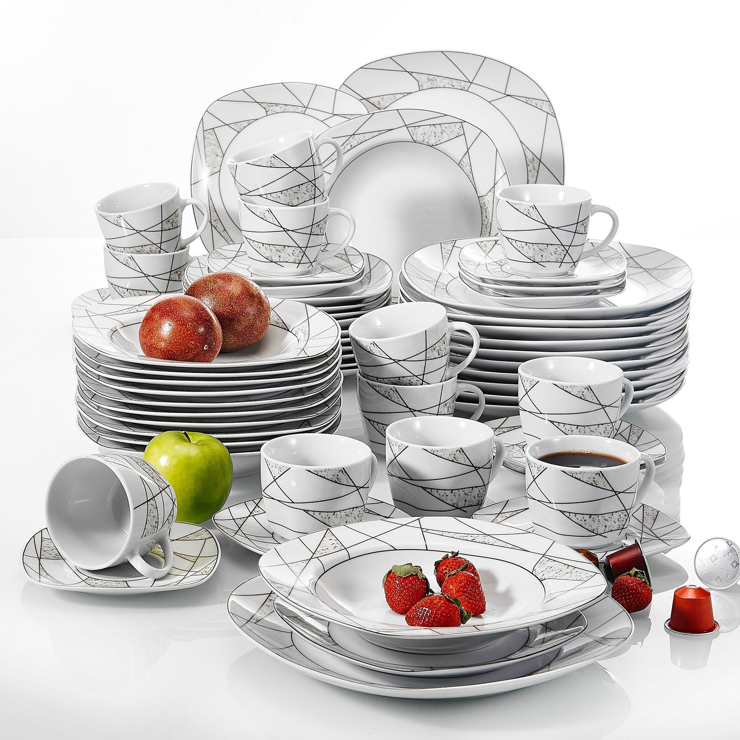 SERENA 60-Piece Kitchen Porcelain Ceramic Dinner Set - Nordic Side - 60, Ceramic, Cups, Cutlery, Dessert, Dinner, Kitchen, of, Piece, Plates, Porcelain, Saucers, SERENA, Set, Soup, VEWEET
