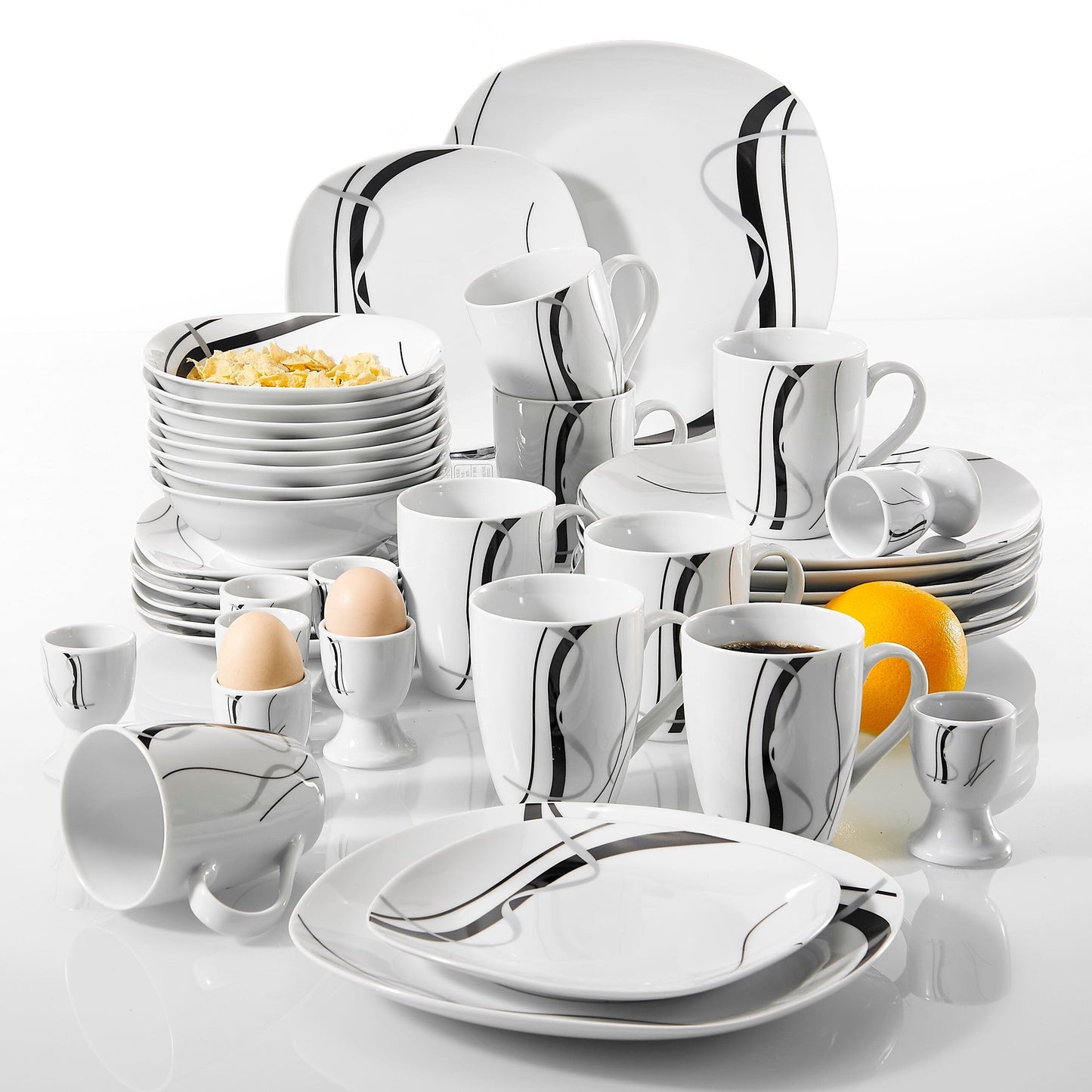 FIONA 40-Piece Black Stripe Porcelain Dinner Kitchen Plate Combi-Set with Egg Cup/Mug/Bowl/Dessert Plate/Dinner Plate - Nordic Side - 40, Black, CombiSet, CupMugBowlDessert, Dinner, Egg, FION