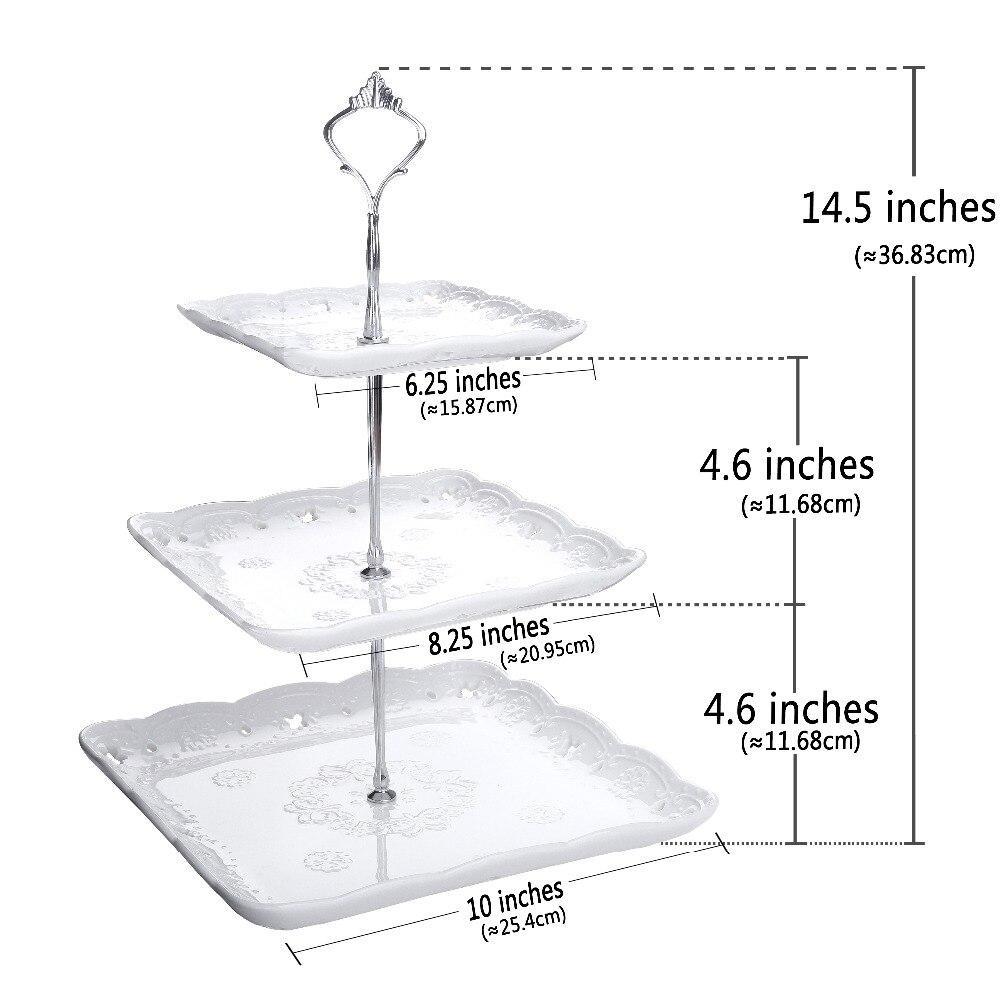 Sweet.Time 3 Tier White Dessert Cake Tower Stand 14.5" Tall Porcelain Server Display Holder with Silver Carry Handle (White Square) - Nordic Side - 145, Cake, Carry, Dessert, Display, Handle,