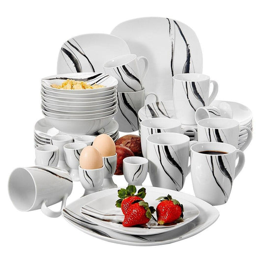 TERESA 40-Piece White Porcelain Ceramic Cutlery Dinner Set with 8*Egg Cup,Mug,Bowl,Dessert Plate,Dinner Plate Dish Set - Nordic Side - 40, Ceramic, CupMugBowlDessert, Cutlery, Dinner, Dish, E