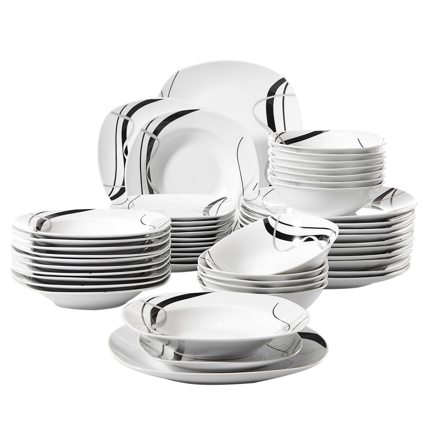 FIONA 48-Piece Ceramic Black Plate Combi-Set Porcelain Tableware Set of Bowls/Dessert Plates/Soup Plates/Dinner Plates - Nordic Side - 48, Black, BowlsDessert, Ceramic, CombiSet, FIONA, of, P