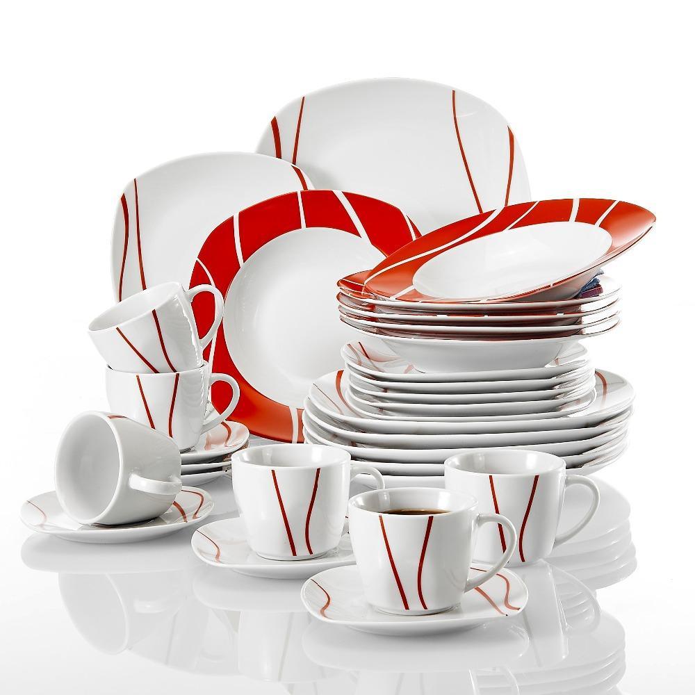 Series Felisa 30 Piece Red Stripes Ivory White Porcelain Dinner Set with 6 Piece Cups Saucers Dessert Soup Dinner Plate (Red) - Nordic Side - 30, Cups, Dessert, Dinner, Felisa, Ivory, MALACAS