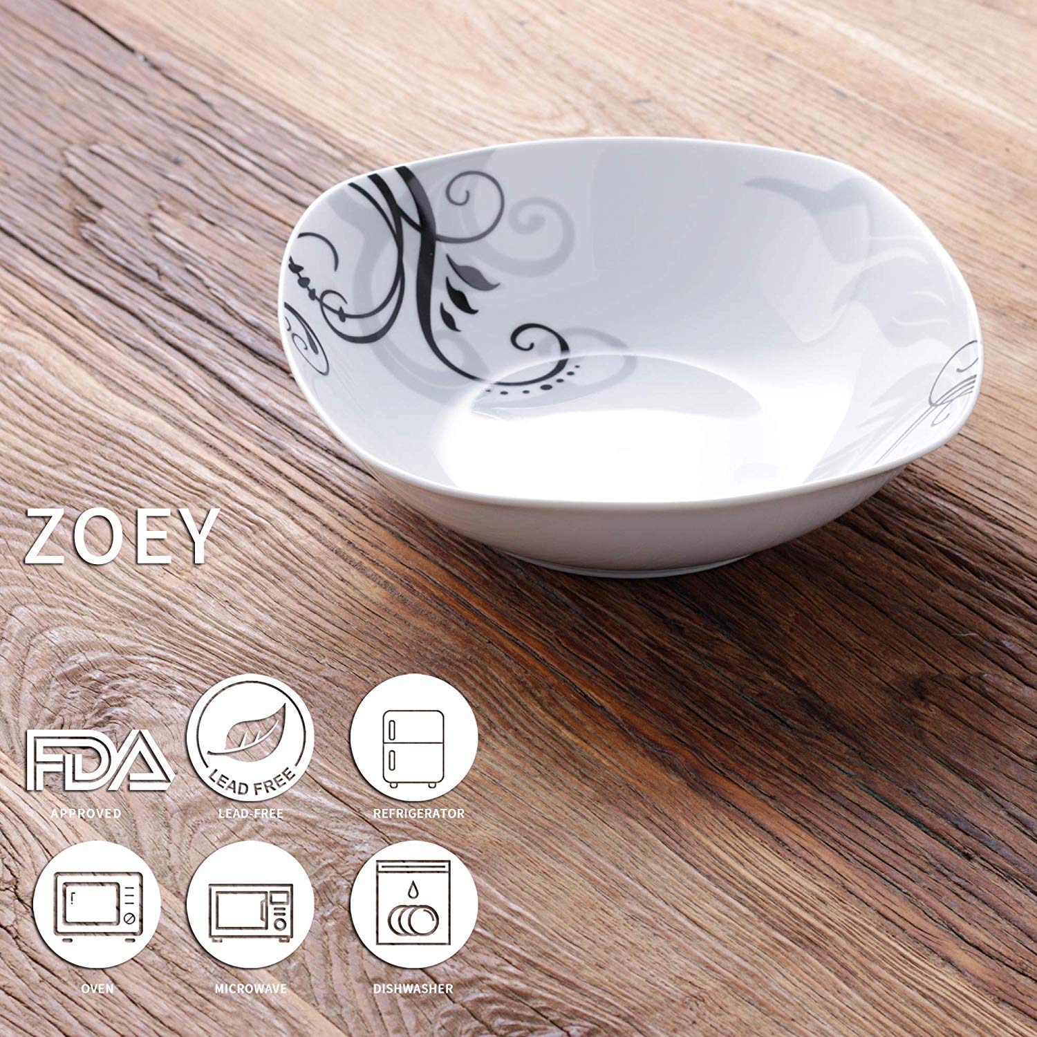 ZOEY 2-Piece 9" Ivory White Porcelain Black Decals Round Snack Fruit&Salad Bowl (1050 ml) - Nordic Side - 1050, Black, Bowl, Decals, DishesSoupDessert, for, FruitSalad, Ivory, ml, Piece, Porc