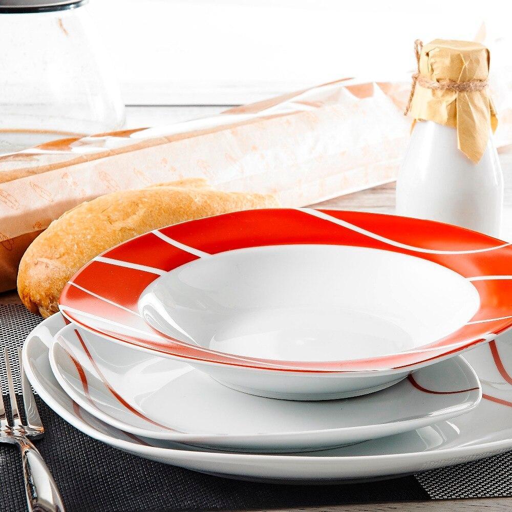Series Felisa 18 Piece Red Stripes Ivory White Porcelain Dinner Set with 6 Piece Dessert Soup Dinner Plates Service Set (Red) - Nordic Side - 18, Dessert, Dinner, Felisa, Ivory, MALACASA, Pie
