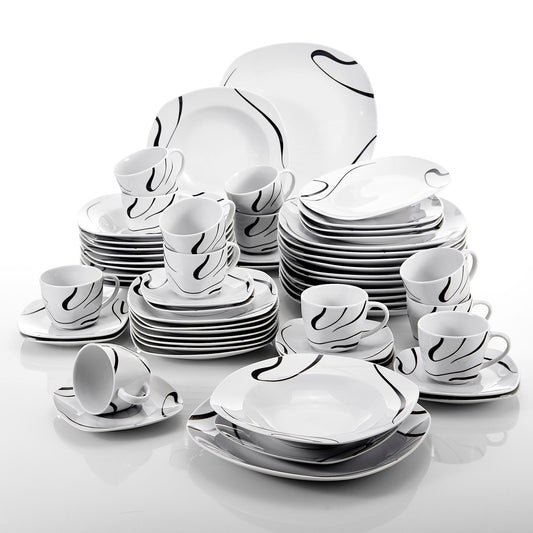 KAYLA 60-Piece Porcelain Black Lines Dinner Combination Set Dessert Plate Soup Plate Dinner Plates Cups Saucers Set - Nordic Side - 60, Black, Combination, Cups, Dessert, Dinner, KAYLA, Lines
