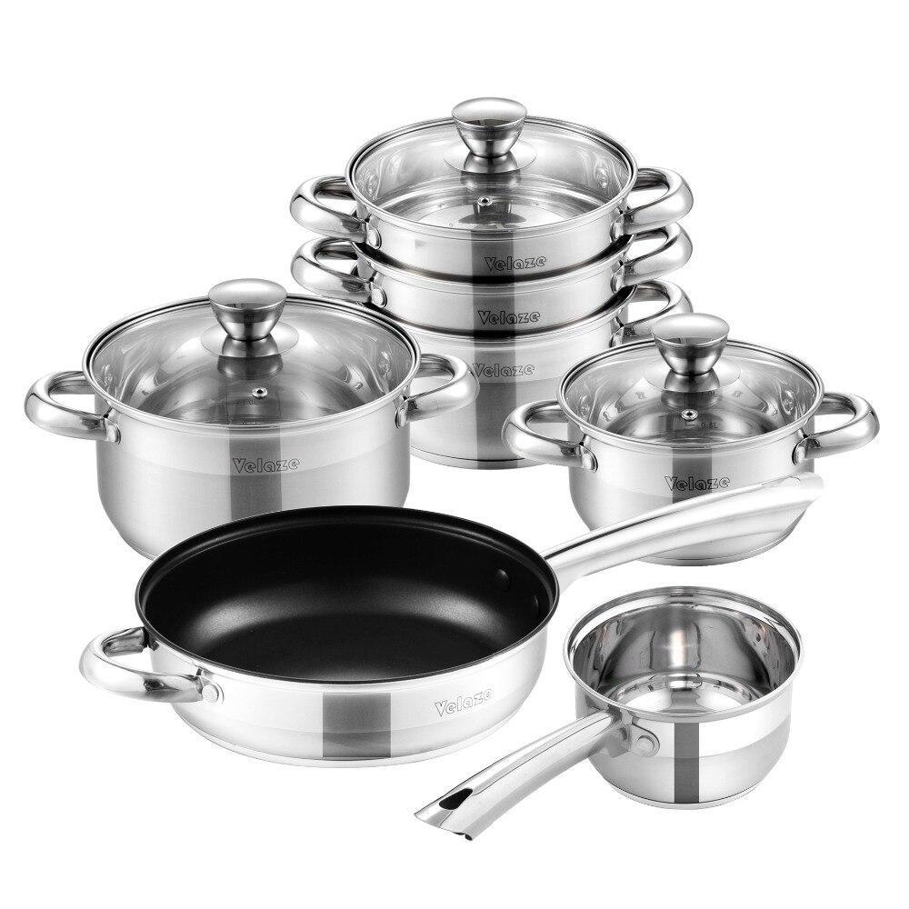 Kitchen Cookware Set Stainless Steel 10-Piece Cooking Pot Set,Induction Saucepan,Casserole,Steamer,Frypan with Glass lid (Silver) - Nordic Side - 10, Cooking, Cookware, Glass, Kitchen, lid, P