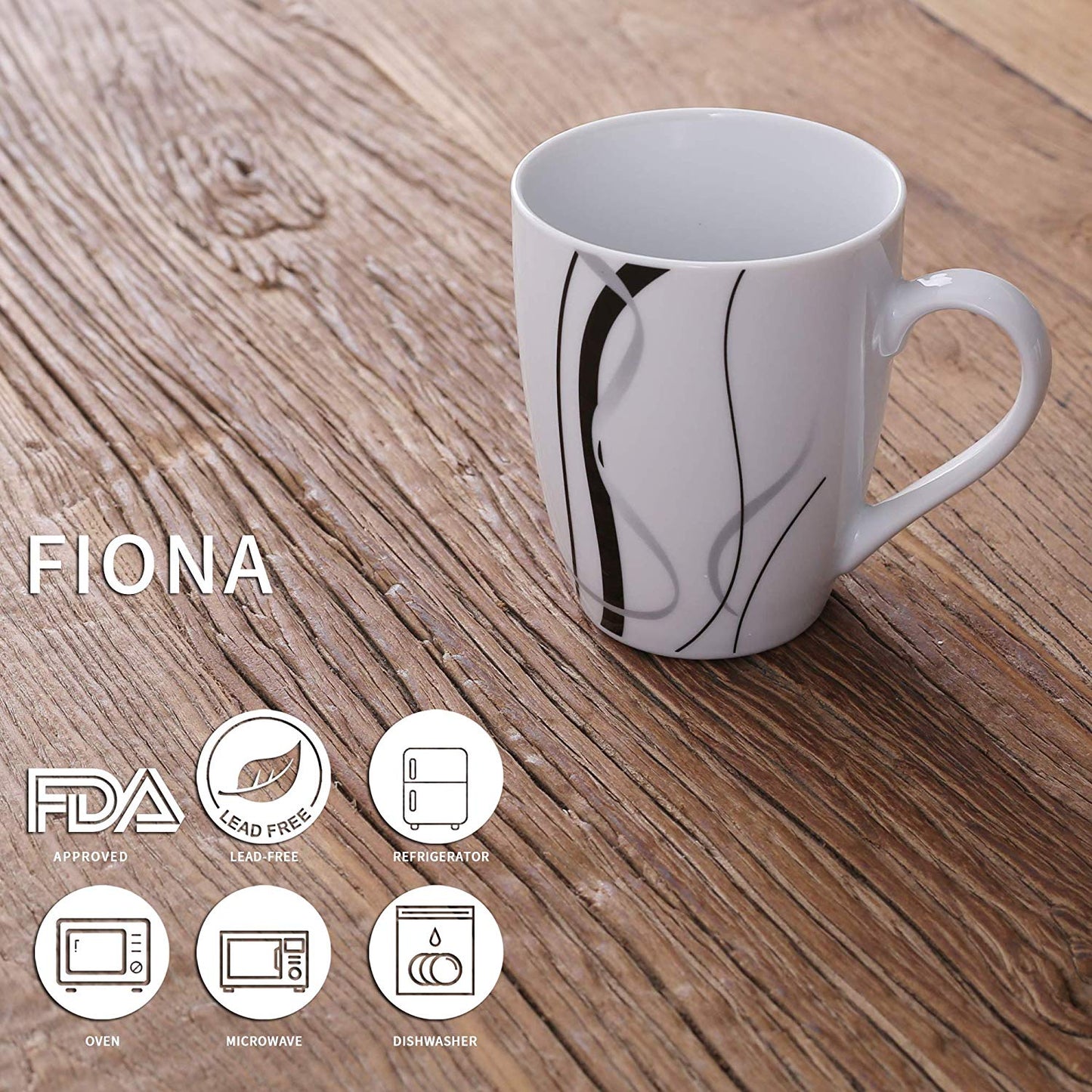 Fiona 6-Piece Ceramic Porcelain Black Stripe Patterned Tea/Coffee Mugs (360 ml) - Nordic Side - 360, Black, Ceramic, Coffee, Cups, Family, FIONA, ml, Mugs, Office, Patterned, Piece, Porcelain
