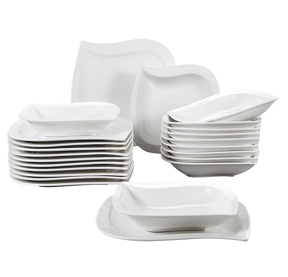 Series Elvira 24 Piece Porcelain Plates Sets with 12 Soup Dinner Plates Dinnerware Service for 12 Person (White) - Nordic Side - 12, 24, Dinner, Dinnerware, Elvira, for, MALACASA, Person, Pie