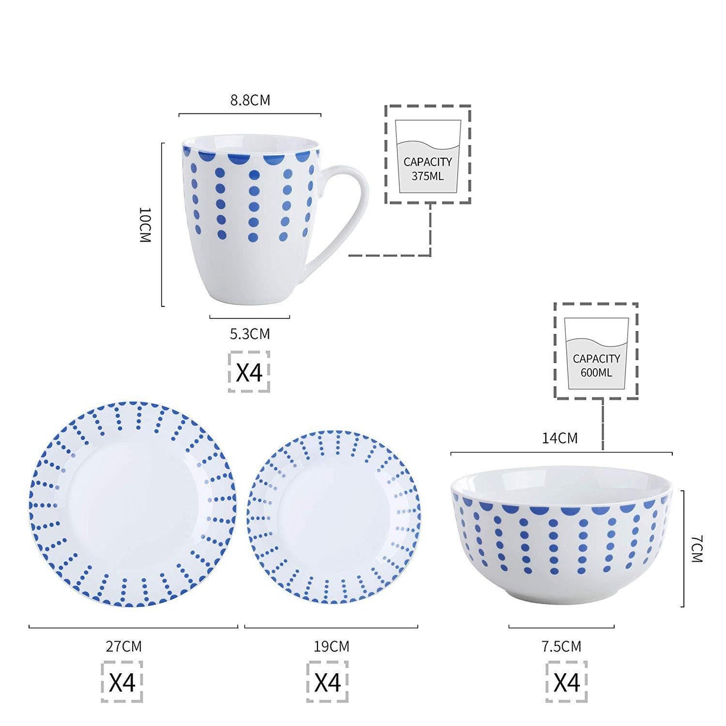 CORIN 16-Piece Porcelain Ceramic Tableware Dinnerware Set with 4*Dinner Plate,Dessert Plate,Cereal Bowl and 380ML Mug Set - Nordic Side - 16, 380, and, Bowl, Ceramic, CORIN, Dinner, Dinnerwar