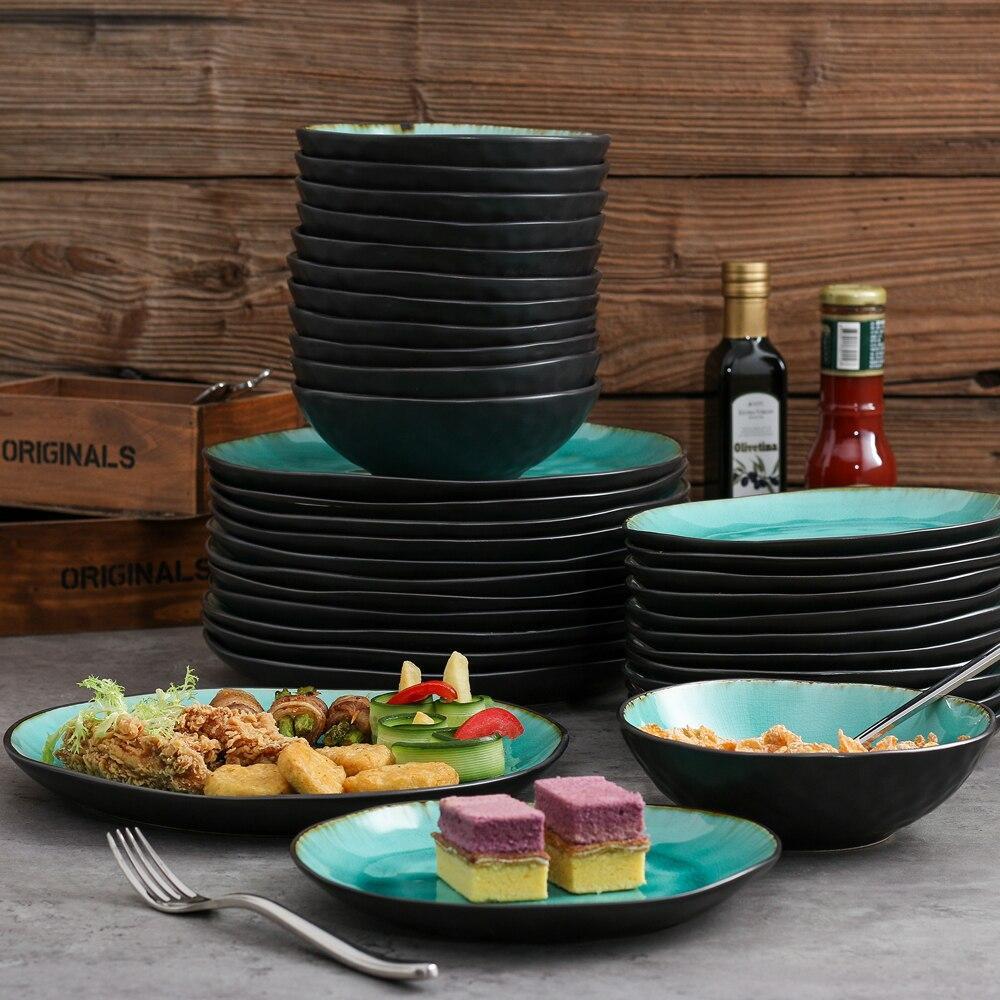 Bonita 36-Piece Pottery Stoneware Vintage Look Ceramic Green Dinnerware Set - Nordic Side - 12, 36, Aqua, Ceramic, Dinner, Dinnerware, Green, Look, Piece, PlateBowl, PlateDessert, Pottery, Se
