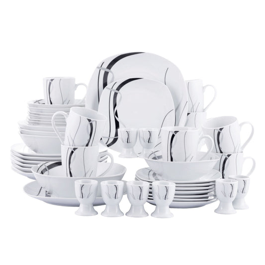 FIONA 44-Piece Porcelain Ceramic Dinner Plate Set with 8*Egg Cup,Mug,Bowl,Dessert Plate,Dinner Plate and 4*Salad Bowl - Nordic Side - 44, and, Bowl, Ceramic, CupMugBowlDessert, Dinner, Egg, F