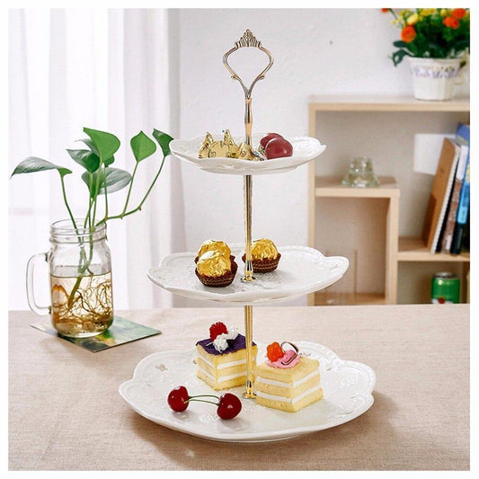 3 Tier White Ceramic Cake Tower Stand14.5" Tall Porcelain Party Food Server Display Holder with Golden Carry Handle (White Round) - Nordic Side - 145, Cake, Carry, Ceramic, Display, Food, Gol