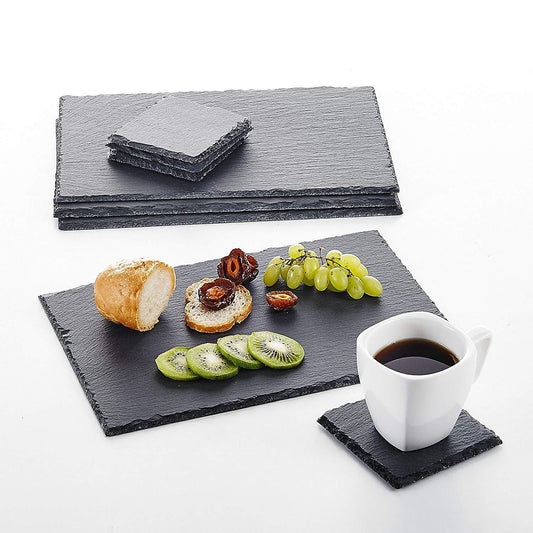 8-Piece Natural Slate Stone Placemats/Coasters/ Tablemat with 4" Coasters & 12" Placemats - Nordic Side - 12, Cheese, Coasters, Coffee, Dinner, MALACASA, Mats, Natural, Piece, Placemats, Slat