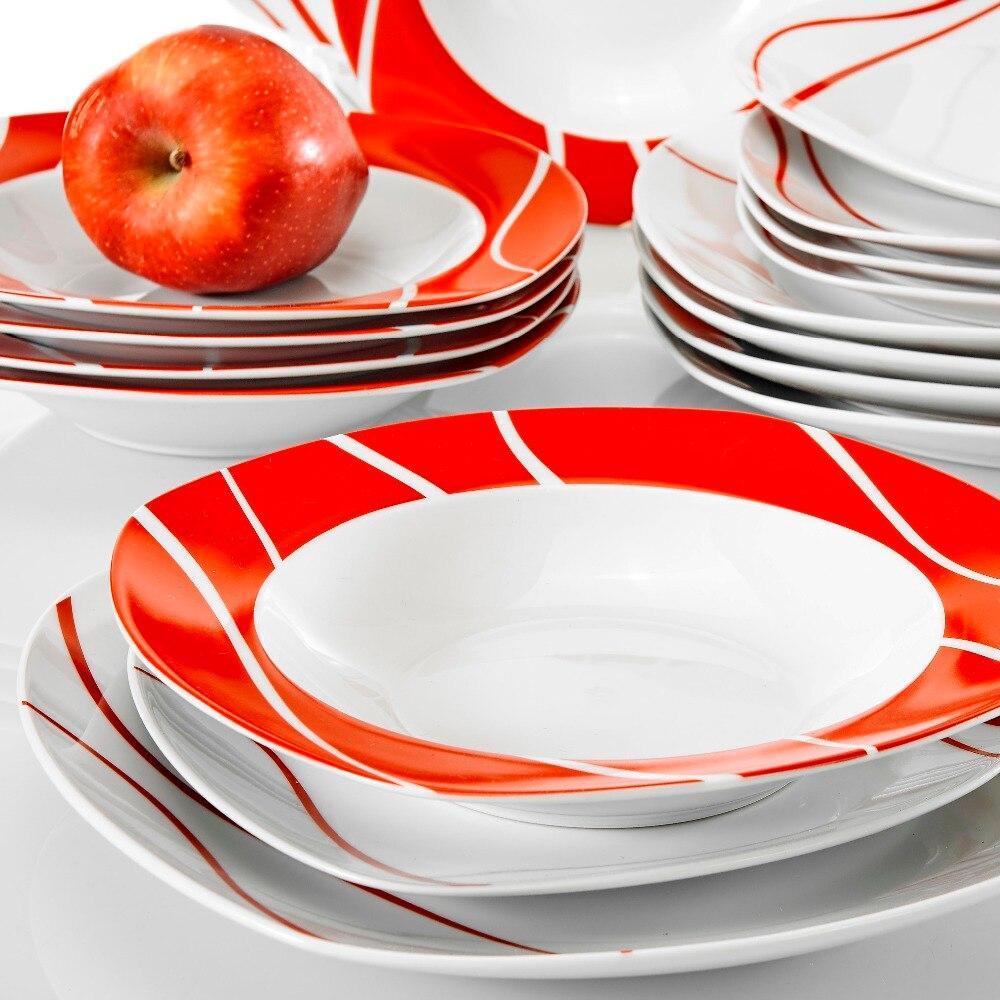 Series Felisa 18 Piece Red Stripes Ivory White Porcelain Dinner Set with 6 Piece Dessert Soup Dinner Plates Service Set (Red) - Nordic Side - 18, Dessert, Dinner, Felisa, Ivory, MALACASA, Pie
