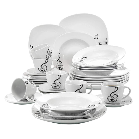 MELODY 30-Piece Porcelain Ceramic Dinnerware Dinner Plate Set with Dessert Plate/Soup Plate/Dinner Plate/Cup/Saucer - Nordic Side - 30, Ceramic, Dessert, Dinner, Dinnerware, MELODY, Piece, Pl