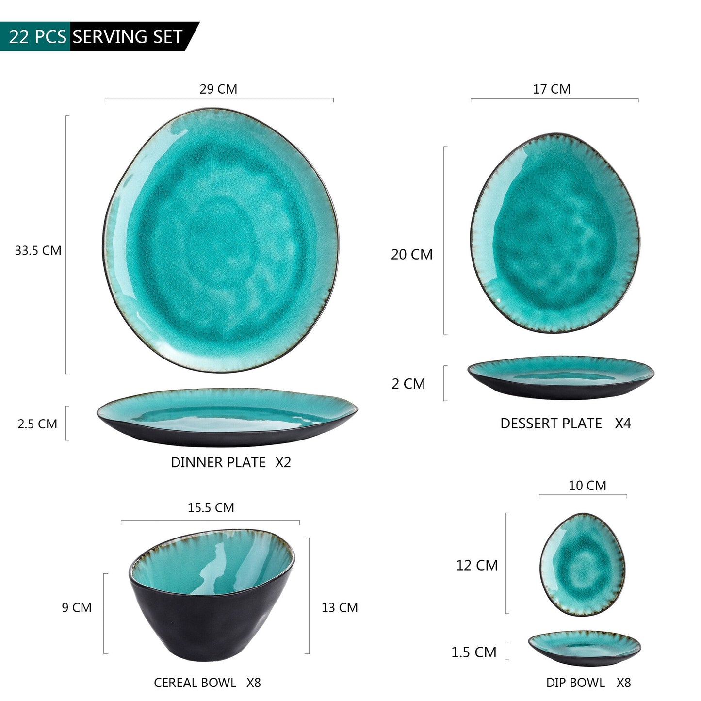 Bonita 22-Piece Pottery Stoneware Vintage Ceramic Dinner Set - Nordic Side - 22, Aqua, Ceramic, Dessert, Dinner, Dipping, DishesBowl, Piece, Plate, Pottery, Set, Stoneware, VANCASSO, Vintage,