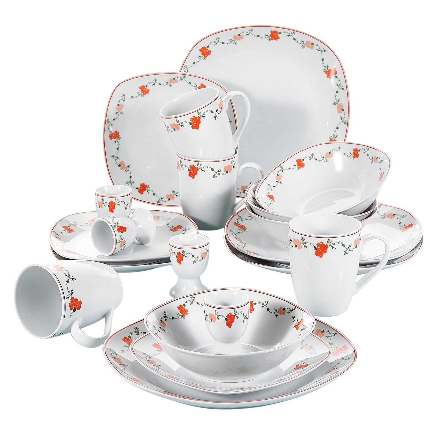 GLORIA 20-Piece Porcelain Ceramics Flower Pattern Dinner Tableware Set with Egg Cup,Mug,Bowl,Dessert Plate,Dinner Plate - Nordic Side - 20, Ceramics, CupMugBowlDessert, Dinner, Egg, Flower, G