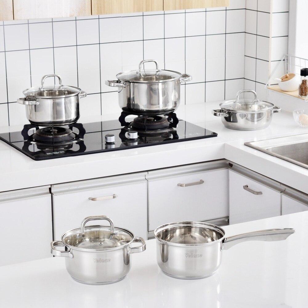 Cookware Set Stainless Steel 9-Piece Kitchen Cooking Pot&Pan Set,Non Stick Frying Pan,SaucepanCasserole,Glass Lid (Silver) - Nordic Side - CasseroleGlass, Cooking, Cookware, Frying, Kitchen, 