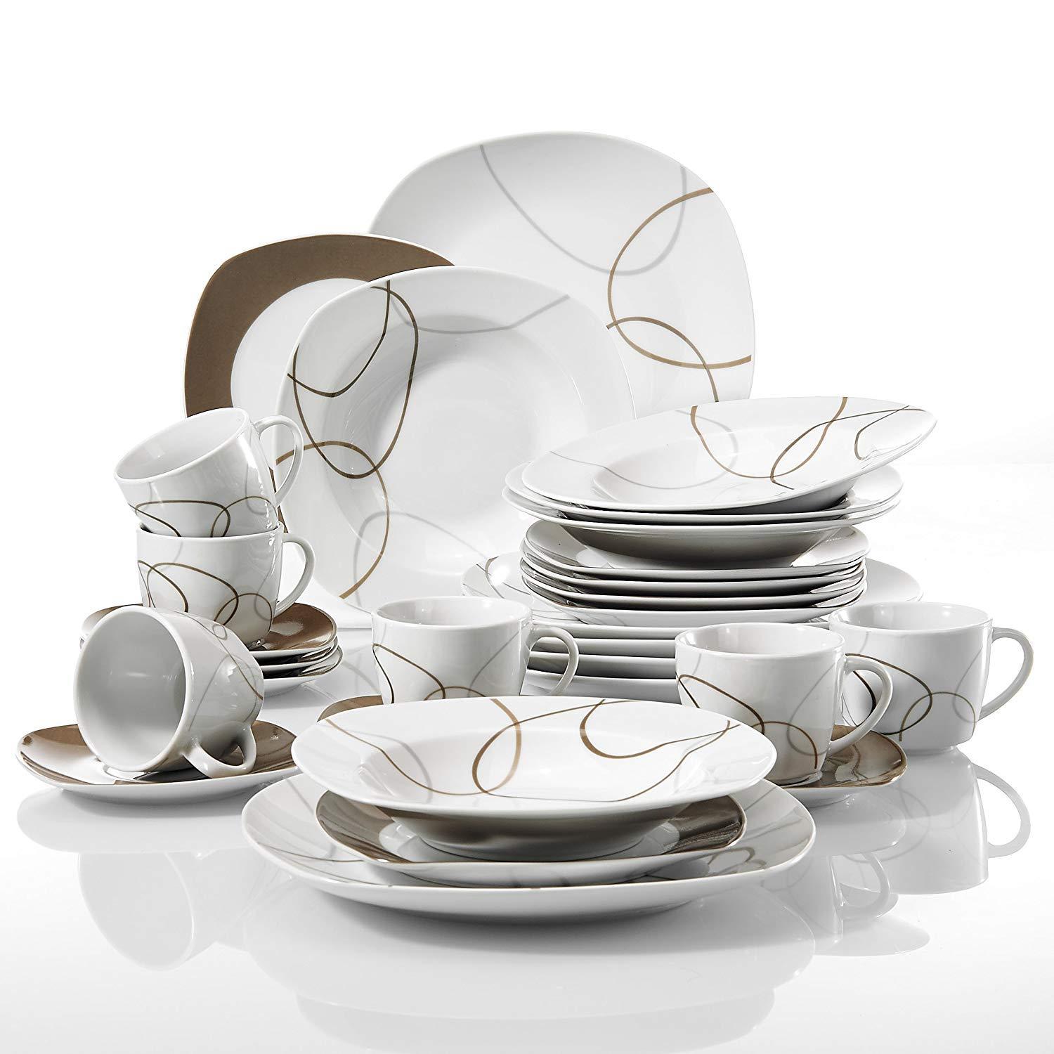 NIKITA 30-Piece Porcelain Ceramic Kitchen Dinner Plate Set with Dessert Plates/Soup Plates/Dinner Plates/Cups/Saucers - Nordic Side - 30, Ceramic, Dessert, Dinner, Kitchen, NIKITA, Piece, Pla