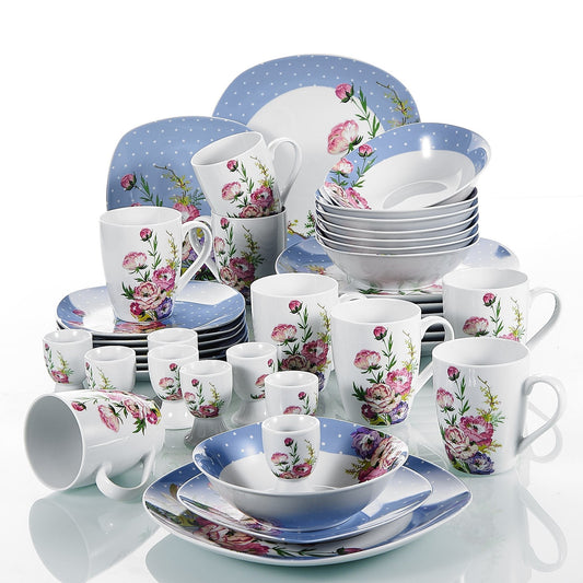 HANNAH 40-Piece Porcelain Flower Pattern Dinner Set Breakfast Combin-Set with Egg Cup Mug Bowl Dessert Plate Dinner Plate - Nordic Side - 40, Bowl, Breakfast, CombinSet, Cup, Dessert, Dinner,