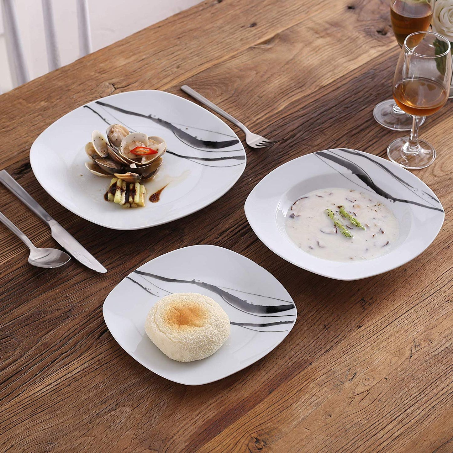 TERESA 18-Piece Porcelain Stripe Pattern Dinner Cutlery Round Plate Set with 6*Dessert Plate,Soup Plate,Dinner Plate - Nordic Side - 18, Cutlery, Dessert, Dinner, Pattern, Piece, Plate, Plate