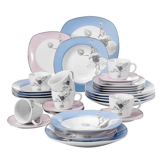 DEBBIE 30-Piece White Porcelain Ceramic White Dinner Combi-Set with Dessert Plate Soup Plate Dinner Plate Cup Saucer - Nordic Side - 30, Ceramic, CombiSet, Cup, DEBBIE, Dessert, Dinner, Piece