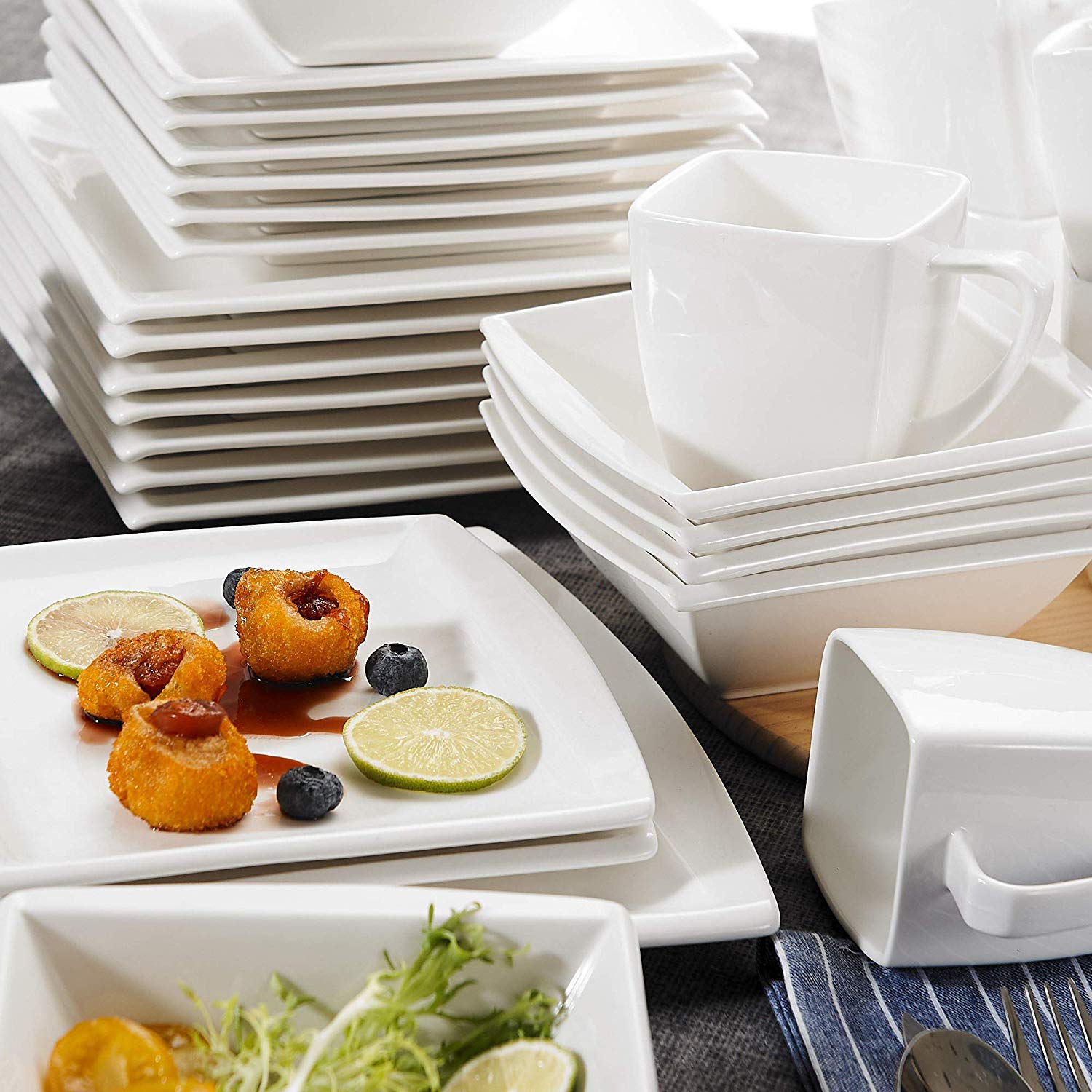 Flora 32-Piece White Porcelain Dinnerware Set with 8-Piece Dinner Plates,Bowls,Dessert Plates,Mugs Set for 8 person - Nordic Side - 32, Dinner, Dinnerware, Flora, for, MALACASA, person, Piece