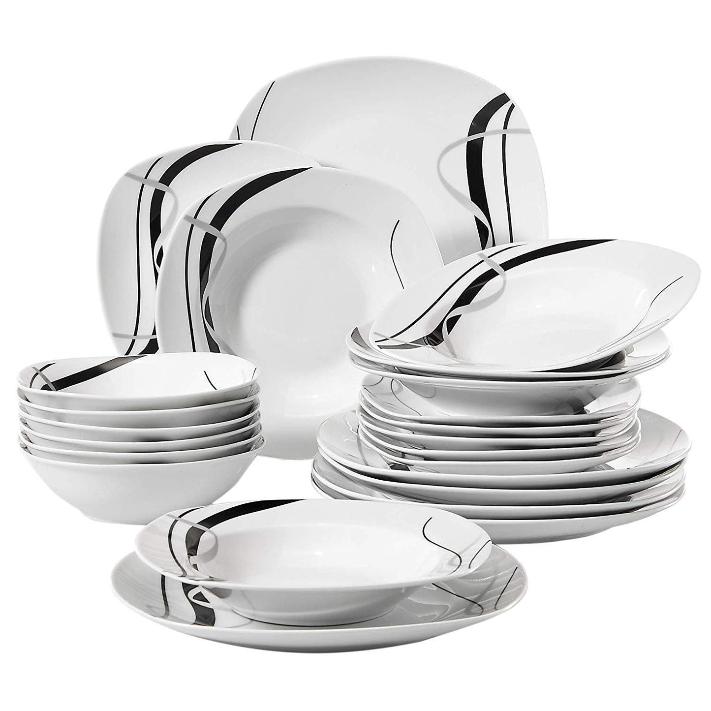 FIONA 24-Piece Ceramic Black Plate Combi-Set Porcelain Tableware Set of Bowls/Dessert Plates/Soup Plates/Dinner Plates - Nordic Side - 24, Black, BowlsDessert, Ceramic, CombiSet, FIONA, of, P
