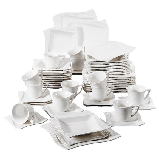 Serie Amparo 60 Piece White Porcelain Dinner Set of 12 Piece Cups Saucers Dessert Soup Dinner Plates for 12 Persone (White) - Nordic Side - 12, 60, Amparo, Cups, Dessert, Dinner, for, MALACAS