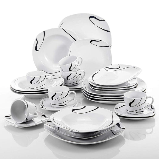 KAYLA 30-Piece Porcelain Black Lines Dinner Combination Set Dessert Plate Soup Plate Dinner Plates Cups Saucers Set - Nordic Side - 30, Black, Combination, Cups, Dessert, Dinner, KAYLA, Lines