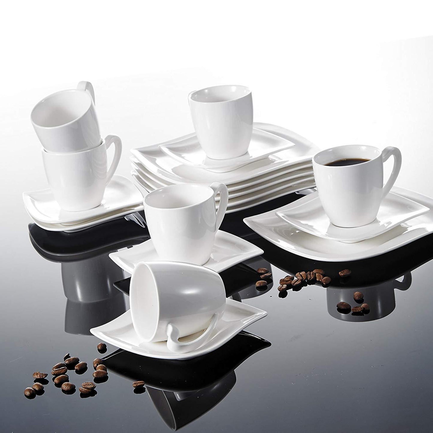 Elvira 18-Piece White Porcelain Ceramic Dinner Combi-Set with 6-Piece Coffee Cups,Saucers and Dessert Plates - Nordic Side - 18, and, Ceramic, Coffee, CombiSet, CupsSaucers, Dessert, Dinner, 