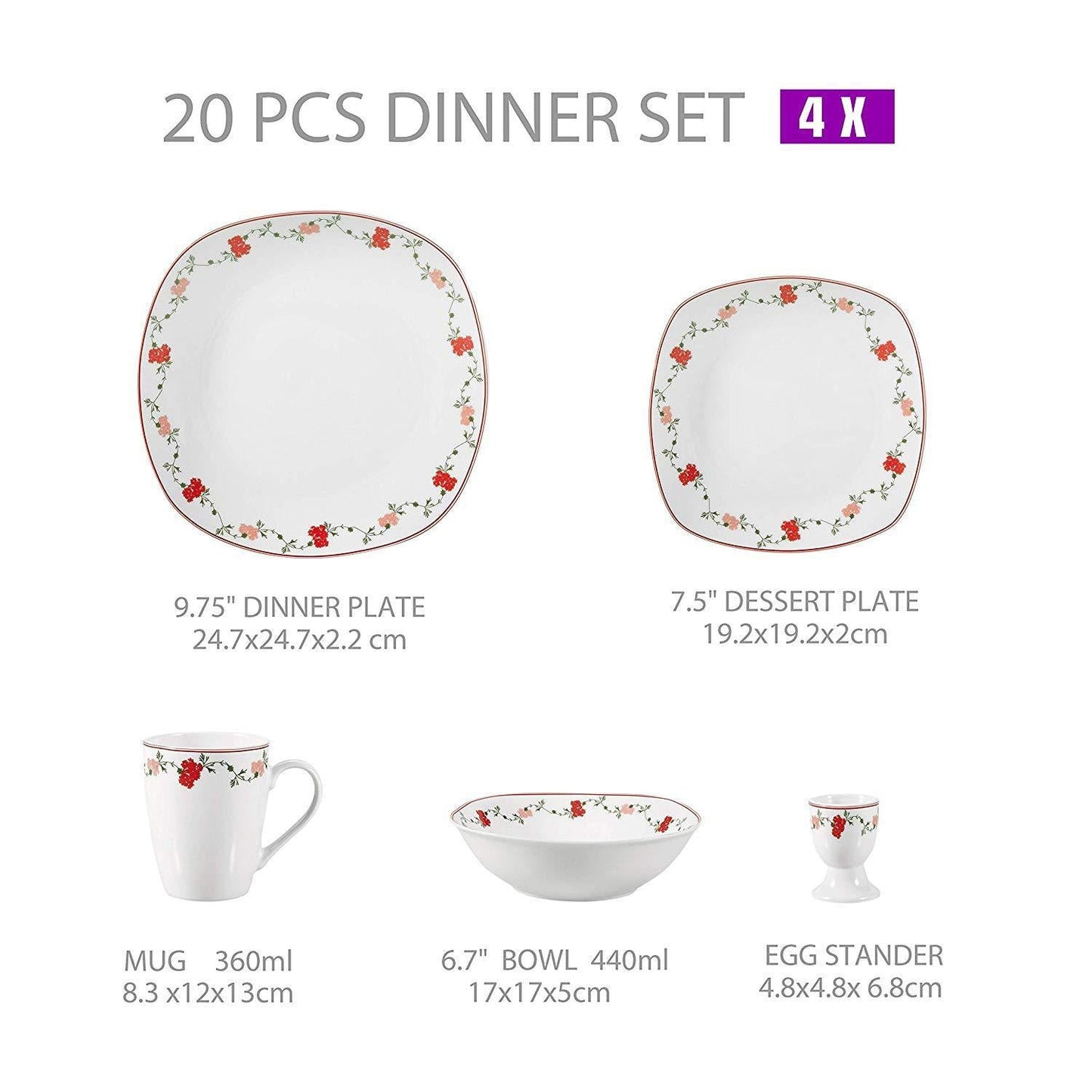 GLORIA 20-Piece Porcelain Ceramics Flower Pattern Dinner Tableware Set with Egg Cup,Mug,Bowl,Dessert Plate,Dinner Plate - Nordic Side - 20, Ceramics, CupMugBowlDessert, Dinner, Egg, Flower, G