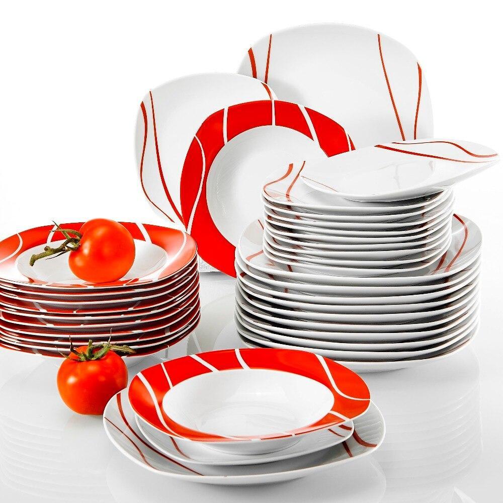 Series Felisa 36 Piece Red Stripes Ivory White Porcelain Dinner Set with 12 Piece Dessert Soup Dinner Plate Service Set (Red) - Nordic Side - 12, 36, Dessert, Dinner, Felisa, Ivory, MALACASA,