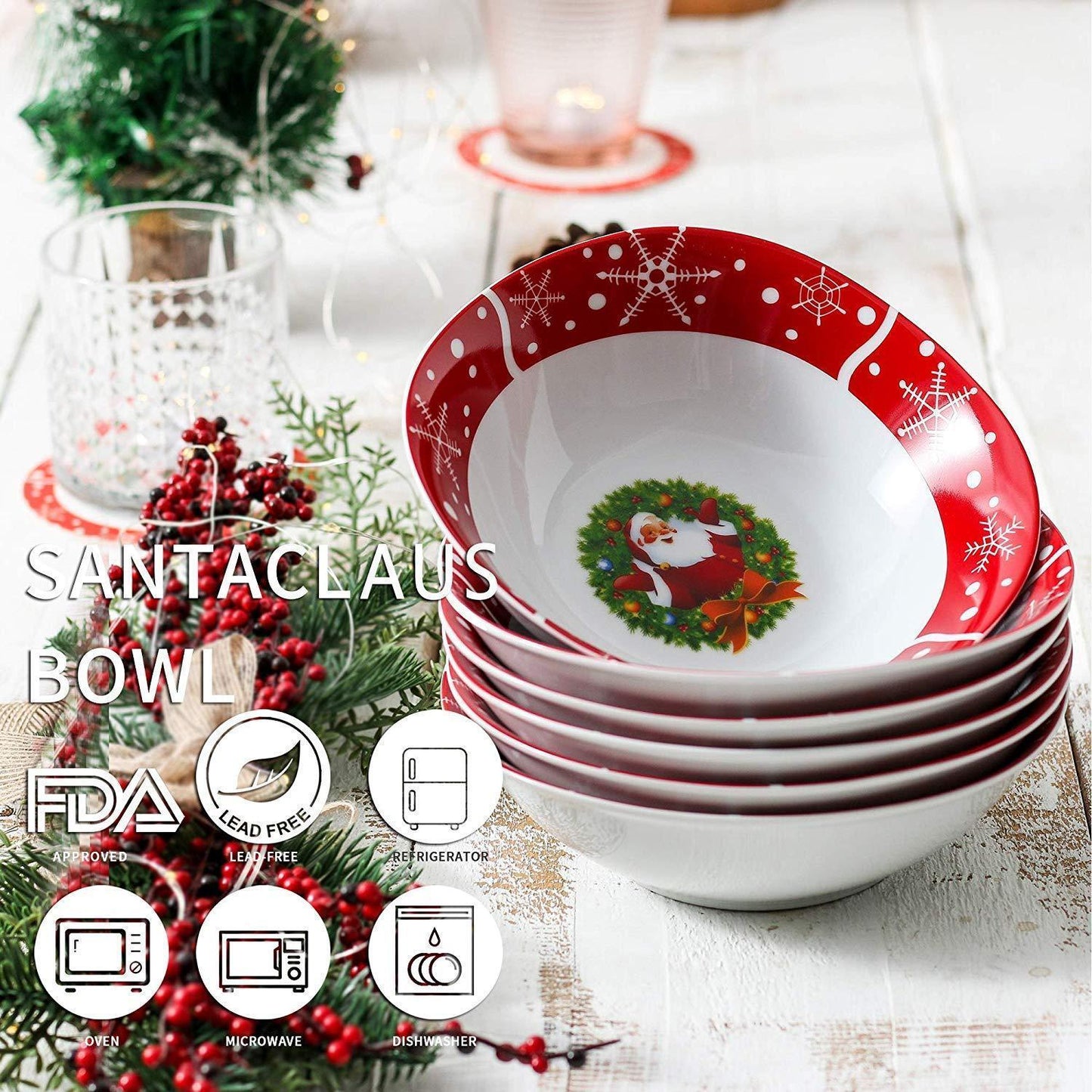 SANTA CLAUS 440 ml 6-Piece Porcelain Cereal Bowls Set - Nordic Side - 440, Bowls, Breakfast, Cereal, CerealSaladFruitRiceDessert, Christmas, Kitchen, ml, Piece, Porcelain, SANTACLAUS, Set, VE