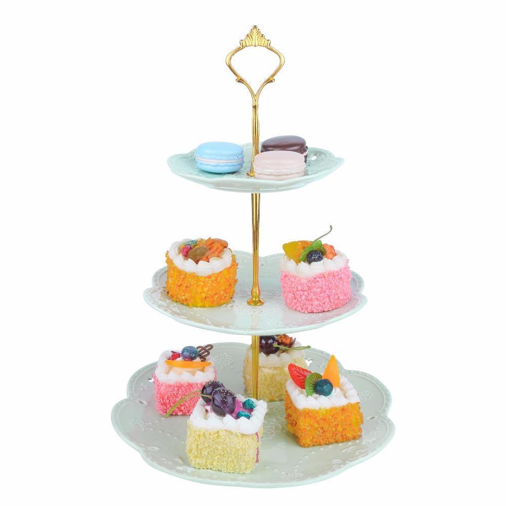 3 Tier Green Ceramic Cake Tower Stand14.5" Tall Porcelain Party Food Server Display Holder with Golden Carry Handle (Green Round) - Nordic Side - 145, Cake, Carry, Ceramic, Display, Food, Gol