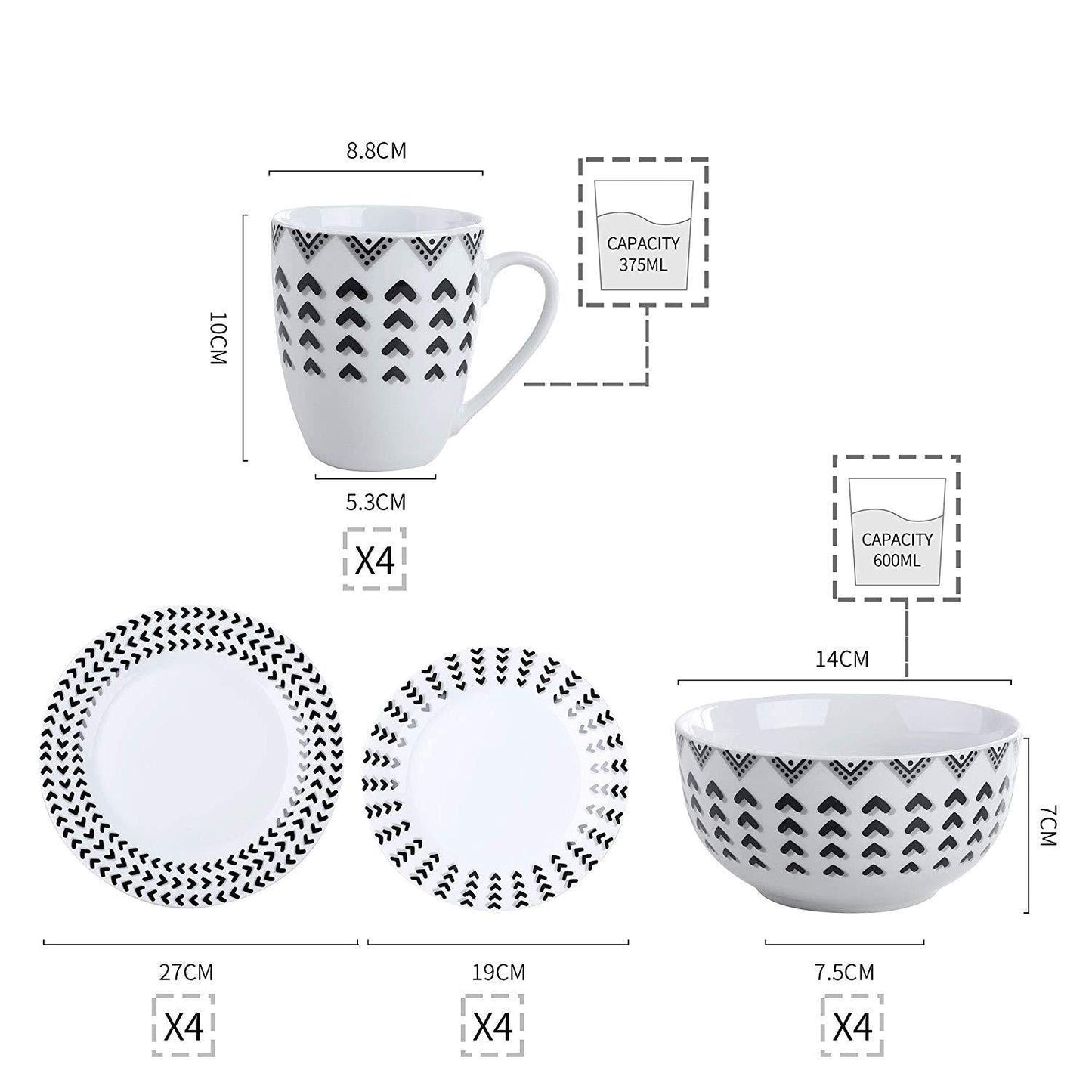 Campton 16-Piece Porcelain Ceramic Tableware Dinner Plate Set with Dinner Plate,Dessert Plate,Cereal Bowl and 380ML Mug - Nordic Side - 16, 380, and, Bowl, Campton, Ceramic, Dinner, ML, Mug, 