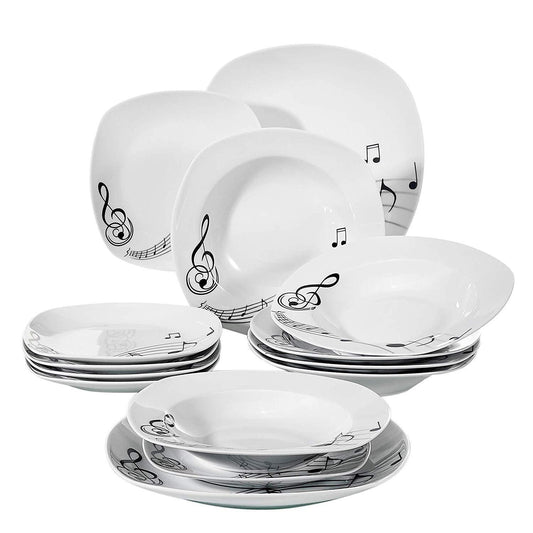 MELODY 18-Piece Porcelain Musical Note Tableware Dinnerware Plate Set with 6*Dinner Plate,Dessert Plate,Soup Plate - Nordic Side - 18, Dinner, Dinnerware, MELODY, Musical, Note, Piece, Plate,