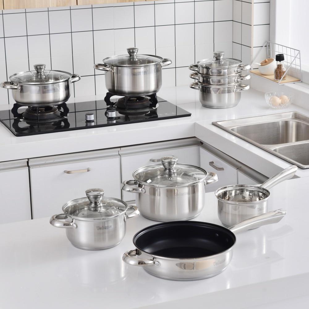 Cookware Set Stainless Steel 14-Piece Induction Kitchen Cooking Pot&Pan Set,Saucepan,Casserole,Steamer,Frypan,Glass lid (Silver) - Nordic Side - 14, Cooking, Cookware, Induction, Kitchen, lid