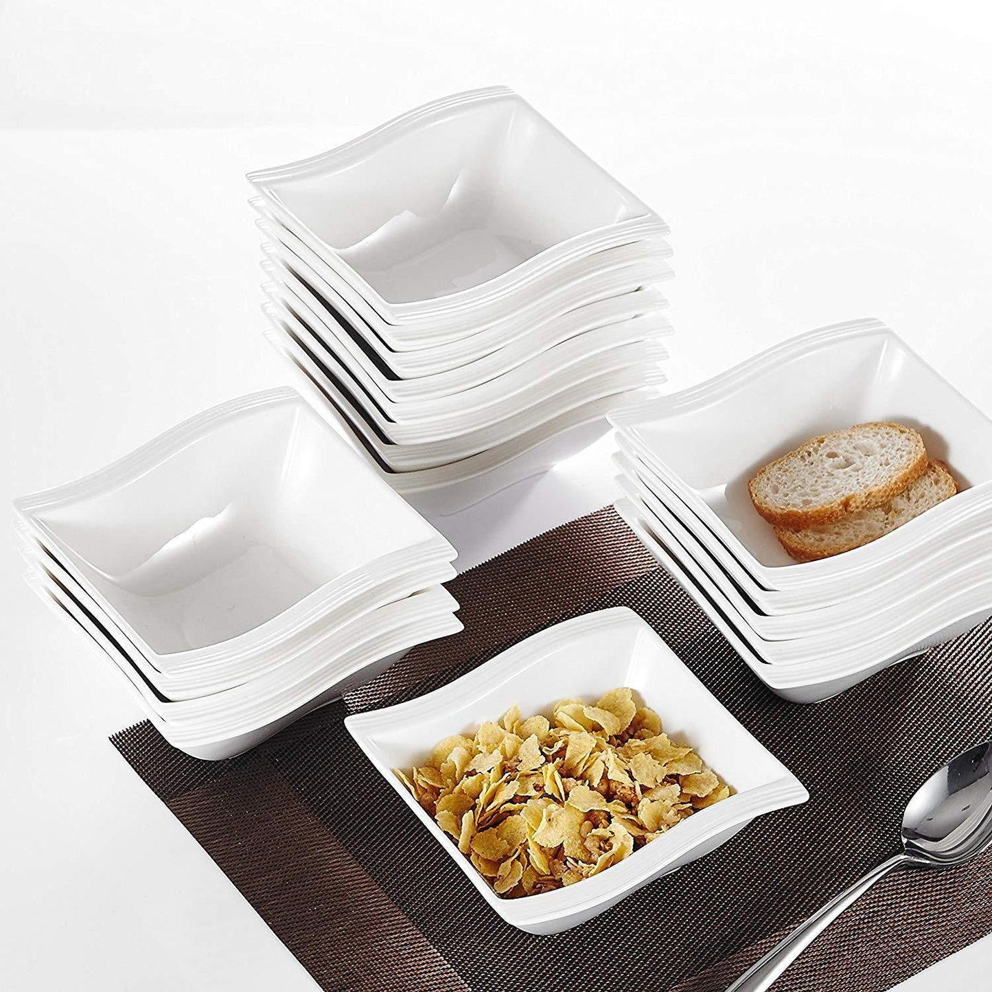 18-pieces White Porcelain Square  Bowls Set (12 ounce) - Nordic Side - 12, 18, Bowl, Bowls, Breakfast, Cereal, Dinner, Dinnerware, Household, MALACASA, Oatmeal, Ounce, pieces, Porcelain, Sets