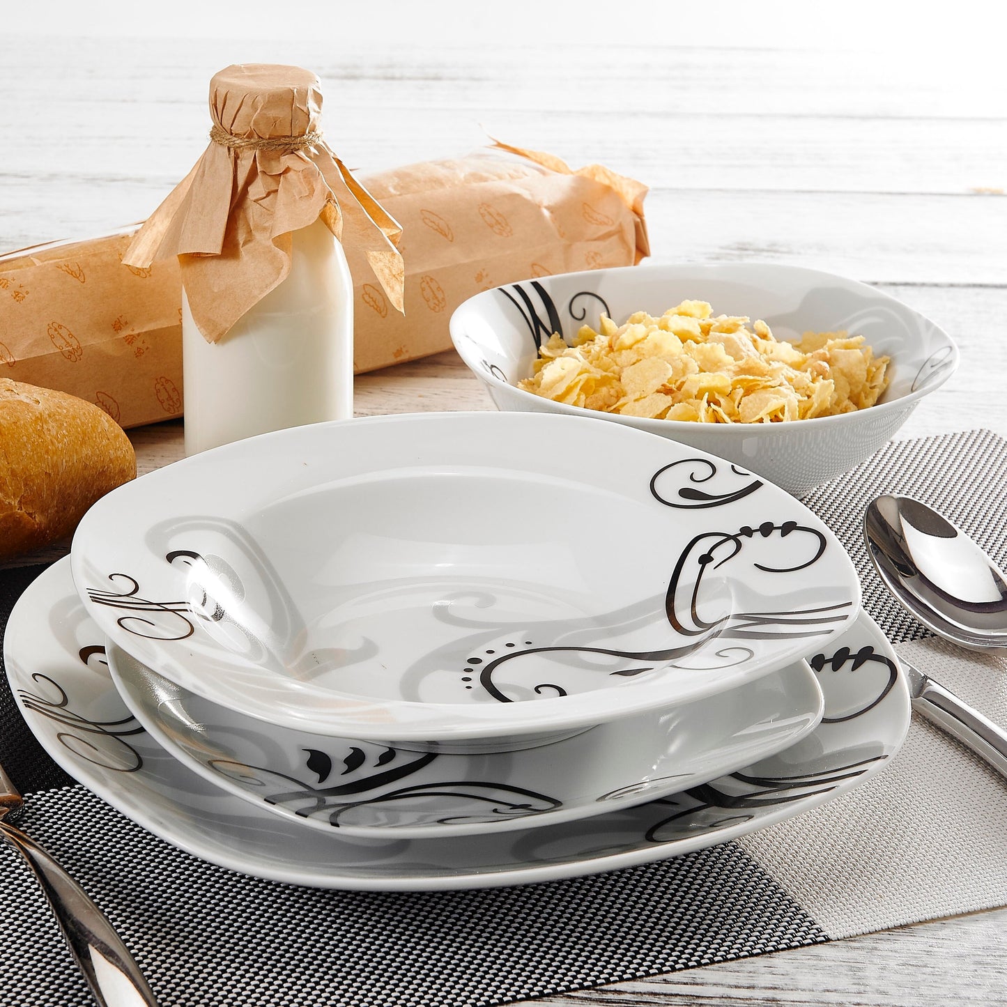 ZOEY 48-Piece Black Decals Dinner Combi-Set Porcelain Tableware Set with Bowls Dessert Plates Soup Plate Dinner Plates - Nordic Side - 48, Black, Bowls, CombiSet, Decals, Dessert, Dinner, Pie
