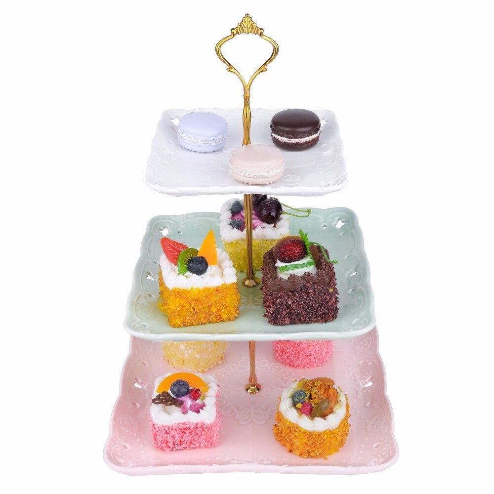 Sweet.Time 3 Tier 3 Color Dessert Cake Tower Stand 14.5" Tall Porcelain Server Display Holder with Silver Carry Handle (Multi-Color Square) - Nordic Side - 145, Cake, Carry, Color, Dessert, D