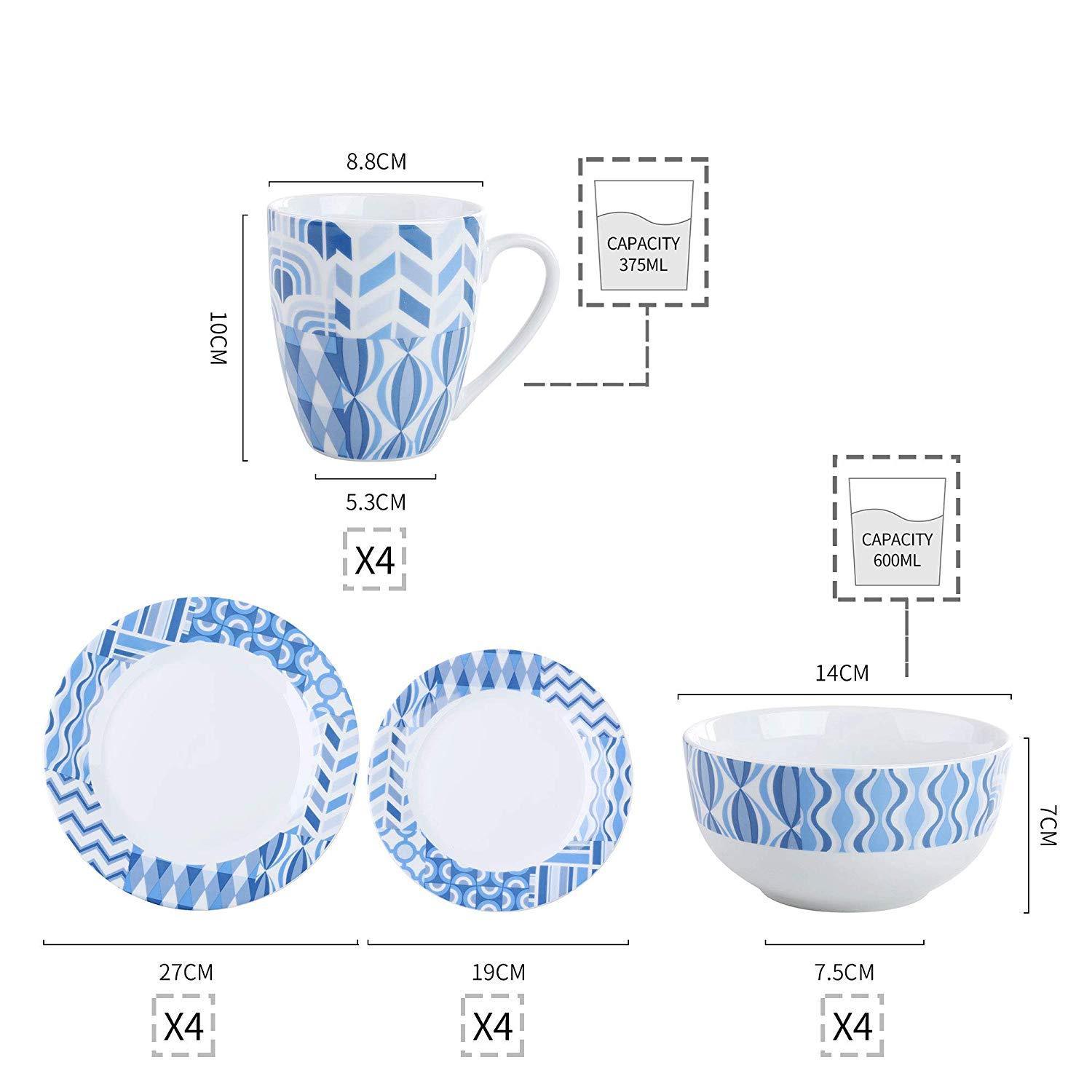 BALA 16-Piece Porcelain Ceramic Dinnerware Tableware Plate Set with Dinner Plate,Dessert Plate,Cereal Bowl and 380ML Mug - Nordic Side - 16, 380, and, BALA, Bowl, Ceramic, Dinner, Dinnerware,