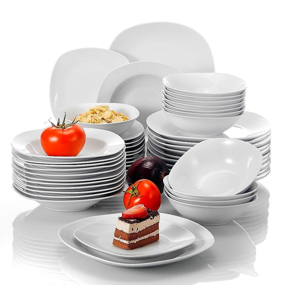 Series Elisa 48-Piece Porcelain Dinner Set Cereal Bowls Dinner Soup Dessert Plates Set for 12 Person (White) - Nordic Side - 12, 48, Bowls, Cereal, Dessert, Dinner, Elisa, for, MALACASA, Pers