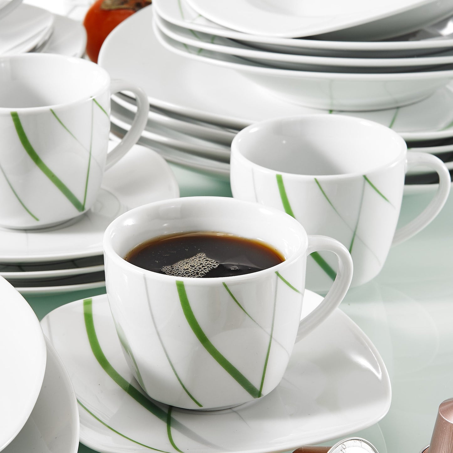 AVIVA 60-Piece Kitchen Green Line Porcelain China Ceramic Plate Set with Dessert Plate,Soup Plate,Dinner Plate,Cup&Saucer - Nordic Side - 60, AVIVA, Ceramic, China, Dessert, Green, Kitchen, L