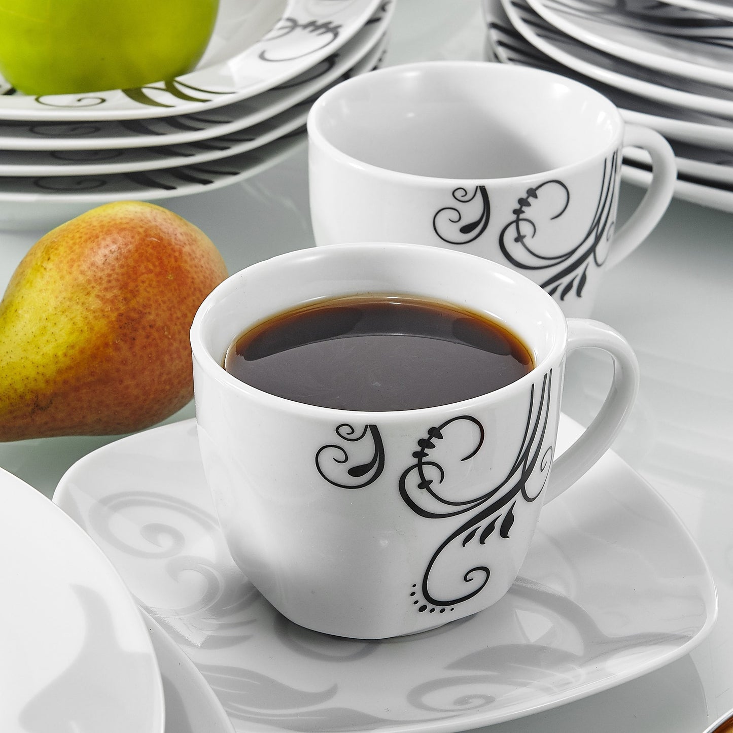 ZOEY 60-Piece Black Decals Porcelain Ceramic Dinner Combi-Set with Dessert Plate Soup Plate Dinner Plate Cup Saucer - Nordic Side - 60, Black, Ceramic, CombiSet, Cup, Decals, Dessert, Dinner,