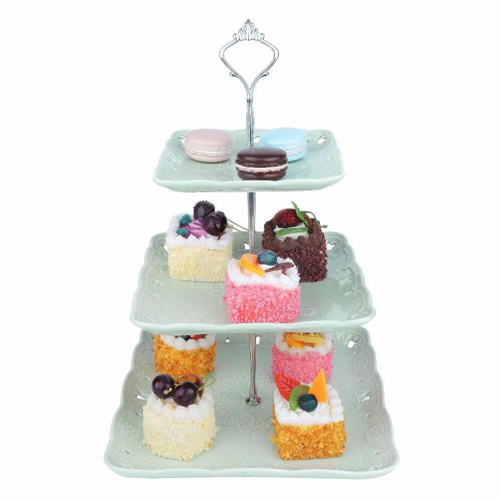 Sweet.Time 3 Tier Green Dessert Cake Tower Stand 14.5" Tall Porcelain Server Display Holder with Silver Carry Handle (Green Square) - Nordic Side - 145, Cake, Carry, Dessert, Display, Green, 