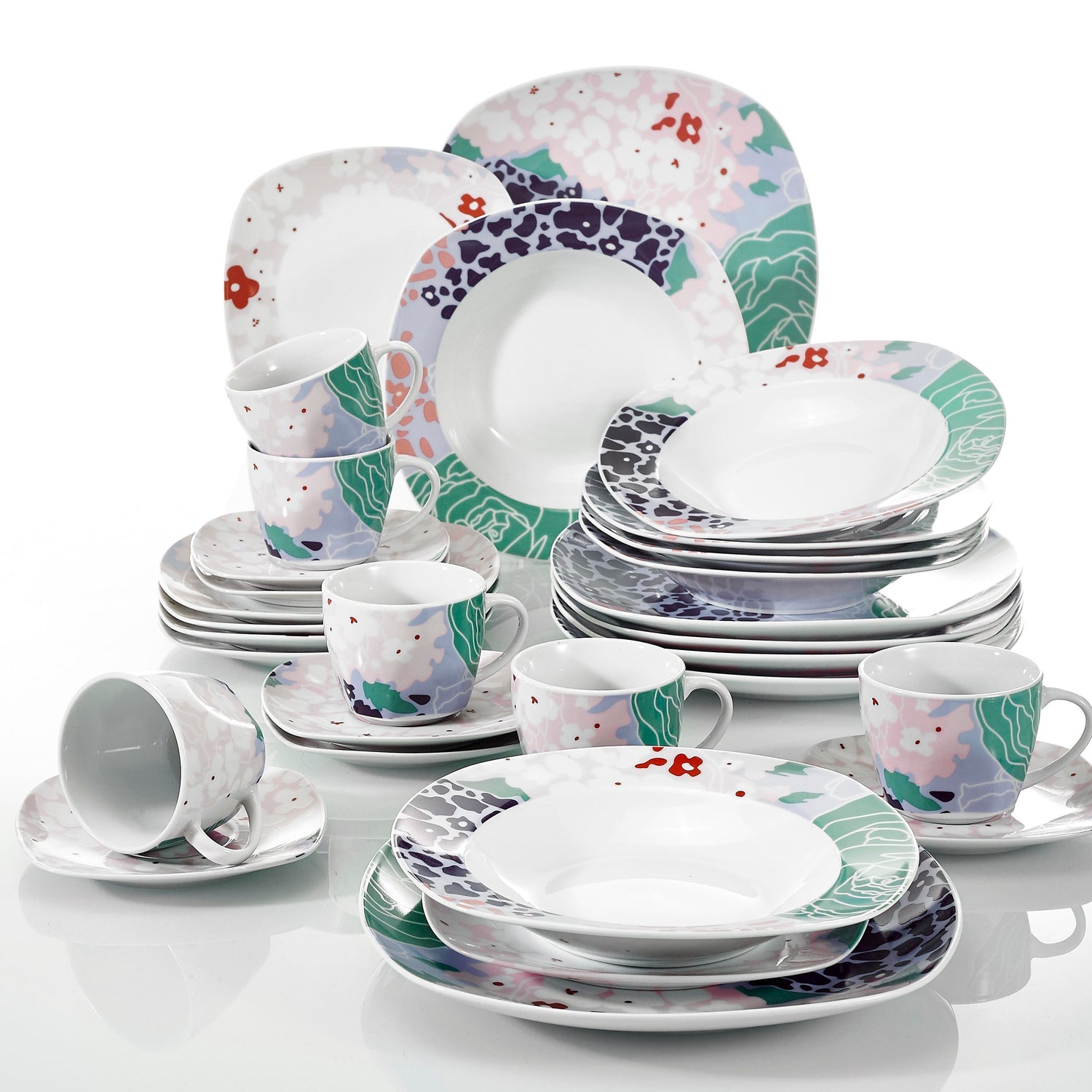 OLINA 30-Piece Porcelain Ceramic Dinner Combi-Set with Cups Saucers Dessert Plates Soup Plate Dinner Plates Service for 6 - Nordic Side - 30, Ceramic, CombiSet, Cups, Dessert, Dinner, for, OL